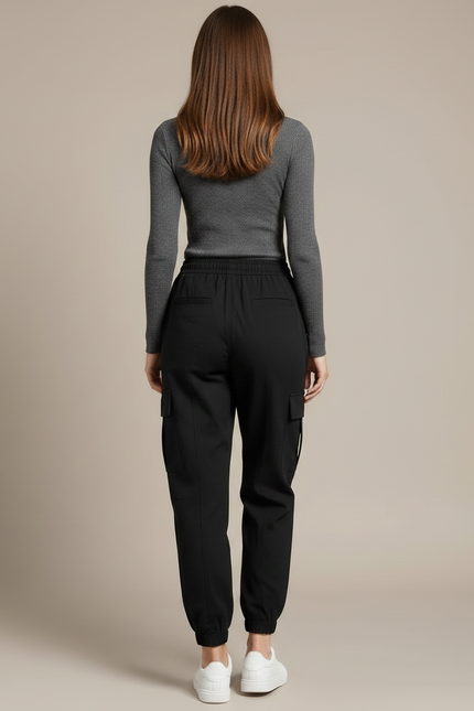 Pantalon Noir Cargo Cordon Femme Décontracté Cheville - Polyester - vue 2