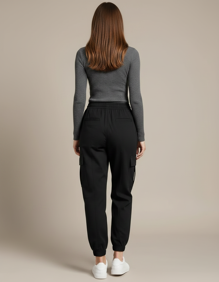 Pantalon Noir Cargo Cordon Femme Décontracté Cheville - Polyester - vue 2