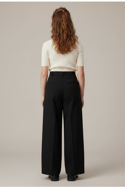 Pantalon Noir Ample Taille Haute Élégant Fille - Gabardine - vue 2