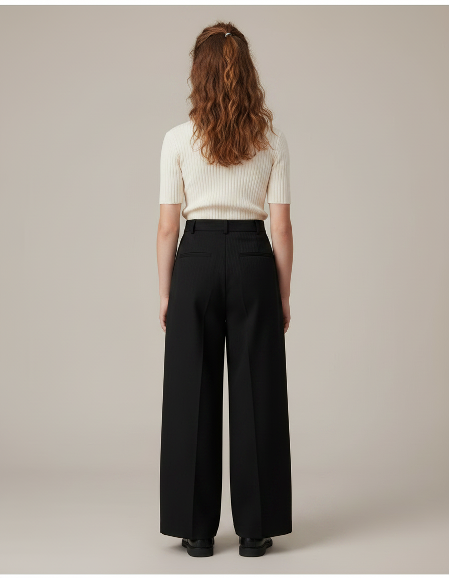 Pantalon Noir Ample Taille Haute Élégant Fille - Gabardine - vue 2