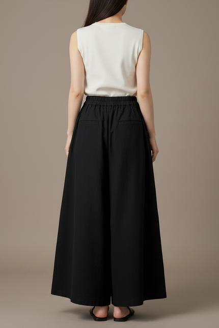 Pantalon Noir Ample Coton Lin Vintage Décontracté - vue 2