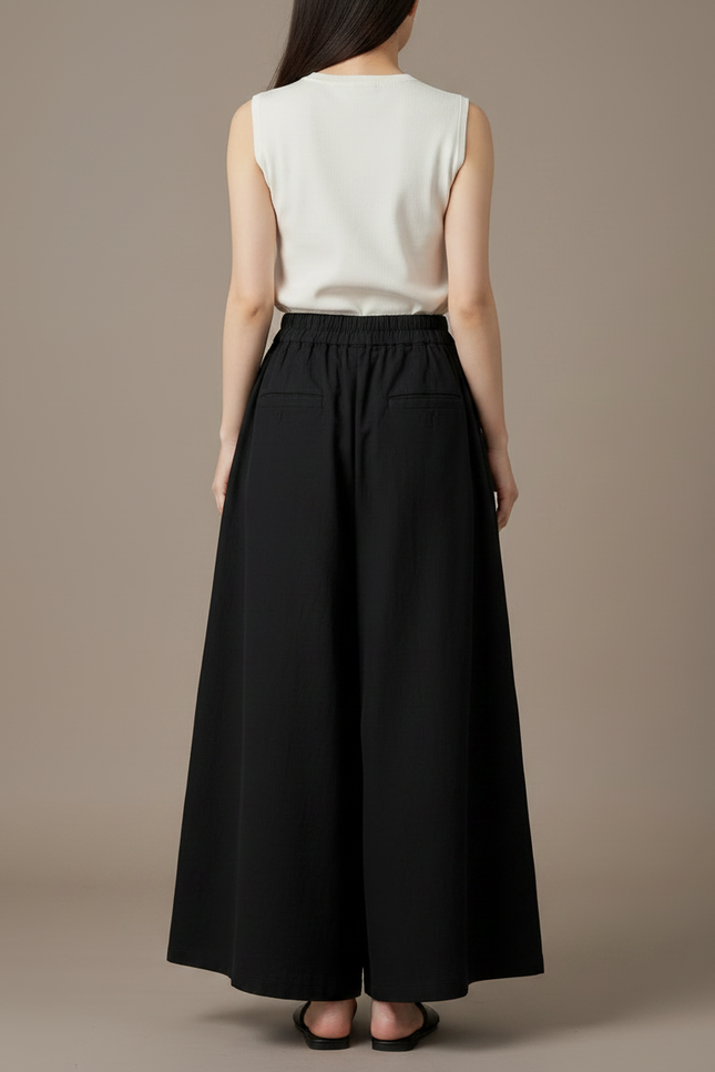 Pantalon Noir Ample Coton Lin Vintage Décontracté - vue 2