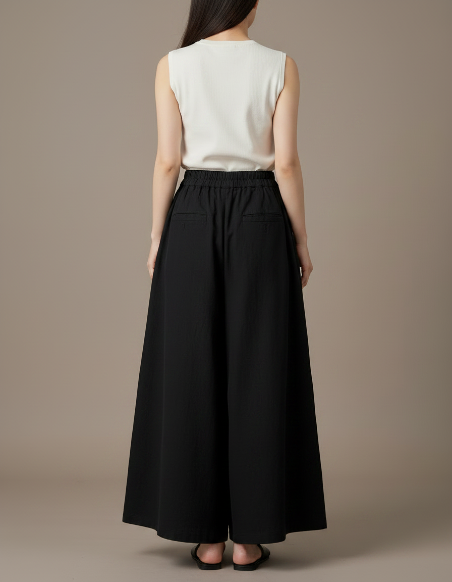 Pantalon Noir Ample Coton Lin Vintage Décontracté - vue 2