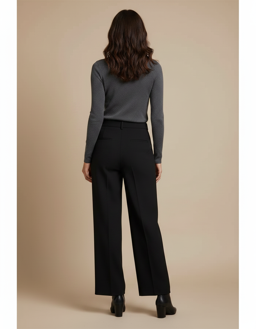 Pantalon Noir Large Fluide Taille Haute Élégant - Polyester - vue 2