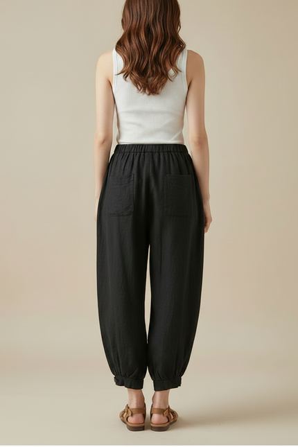 Pantalon Barrel Noir Femme - Lin - vue 2