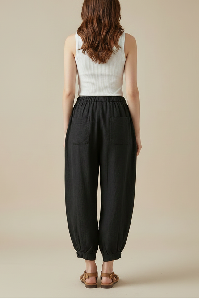 Pantalon Barrel Noir Femme - Lin - vue 2