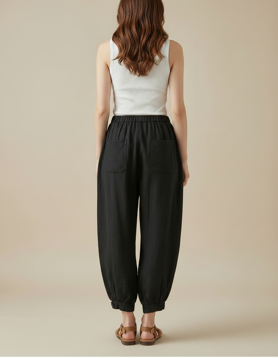 Pantalon Barrel Noir Femme - Lin - vue 2