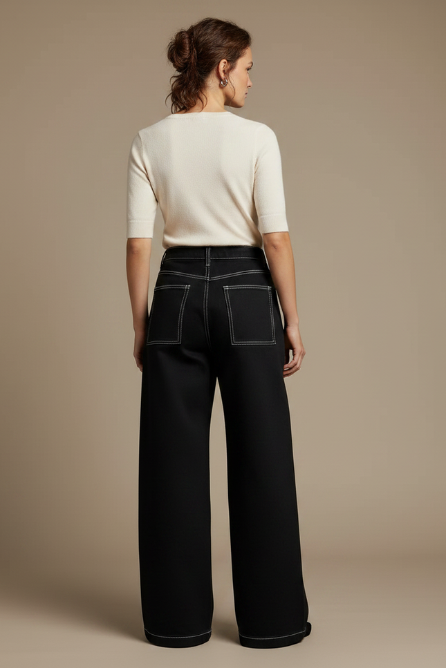 Pantalon Noir Ample Coutures Blanches Décontracté Femme - Toile - vue 2