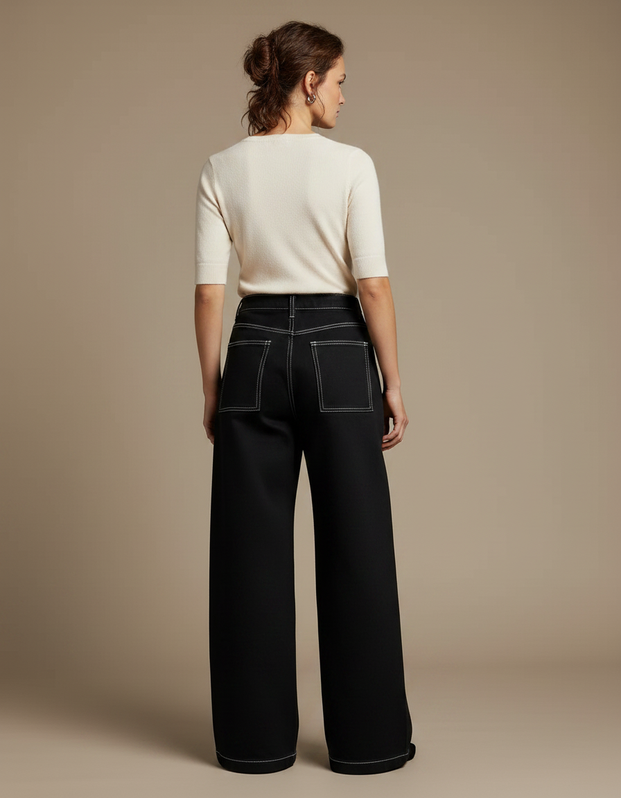 Pantalon Noir Ample Coutures Blanches Décontracté Femme - Toile - vue 2