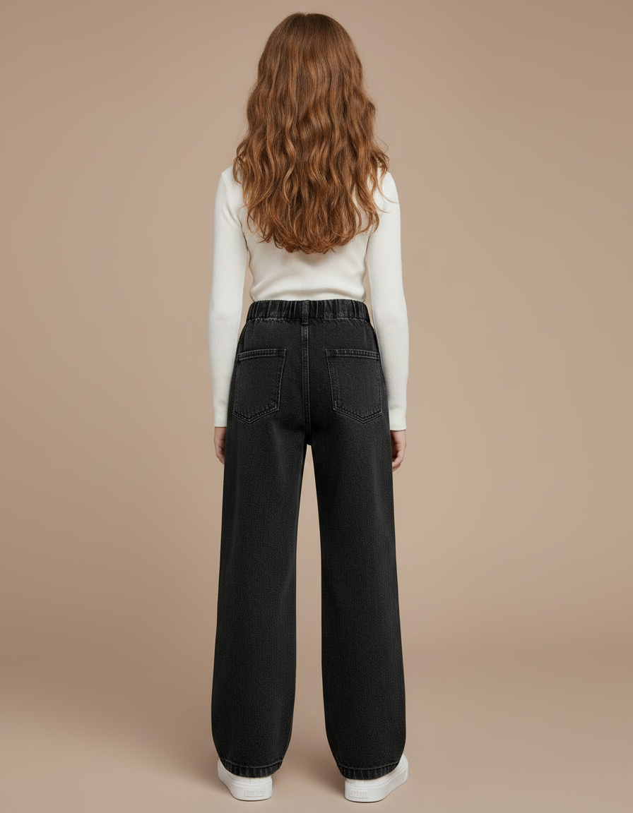 Pantalon Noir Jean Large Élastique Fille - vue 2