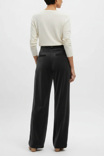 Pantalon Noir Velours Plissé Large Élégant Femme - vue 2