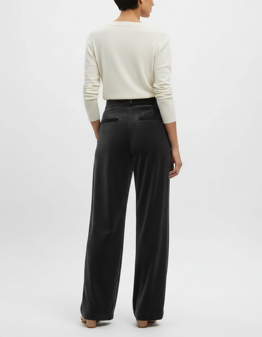 Pantalon Noir Velours Plissé Large Élégant Femme - vue 2