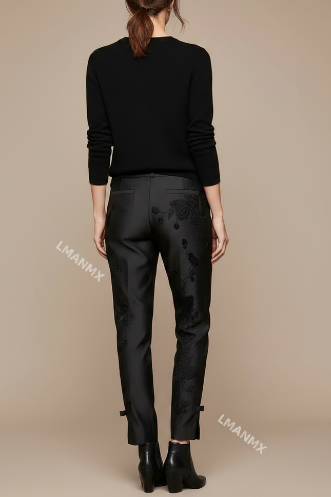 Pantalon Noir Brodé Floral Élégant Slim Cheville Femme - Satin - vue 2