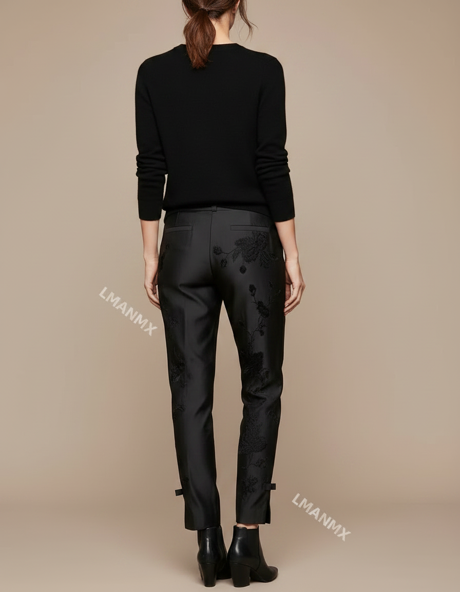 Pantalon Noir Brodé Floral Élégant Slim Cheville Femme - Satin - vue 2