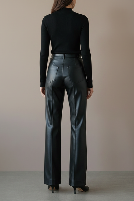 Pantalon Noir Similicuir Taille Haute Large Élégant - Simili cuir - vue 2