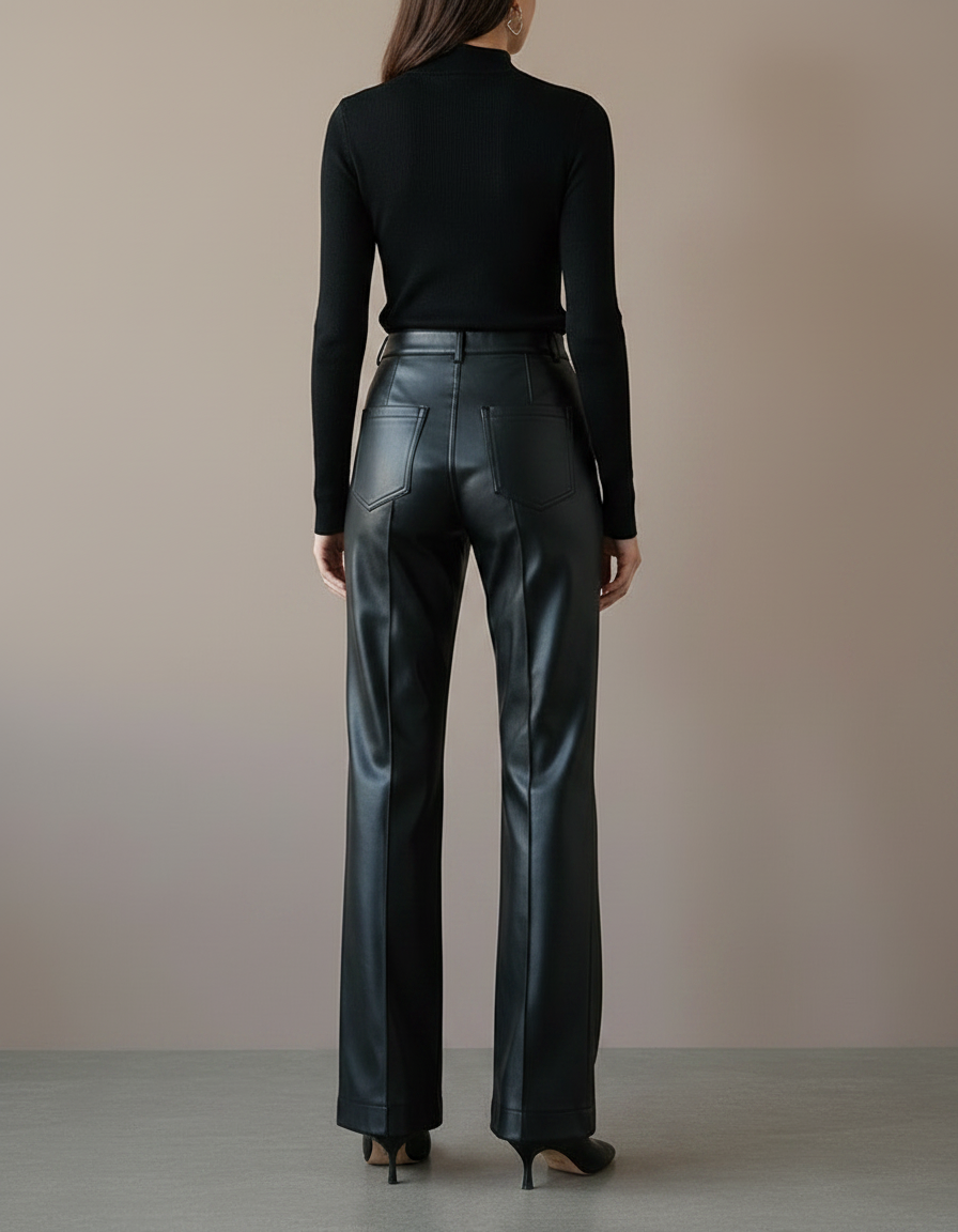 Pantalon Noir Similicuir Taille Haute Large Élégant - Simili cuir - vue 2