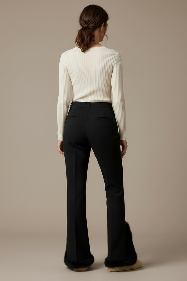 Pantalon Noir Évasé Fendu Fourrure Élégant Femme - Gabardine - vue 2