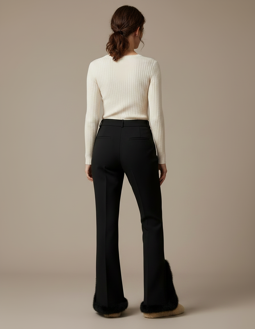 Pantalon Noir Évasé Fendu Fourrure Élégant Femme - Gabardine - vue 2