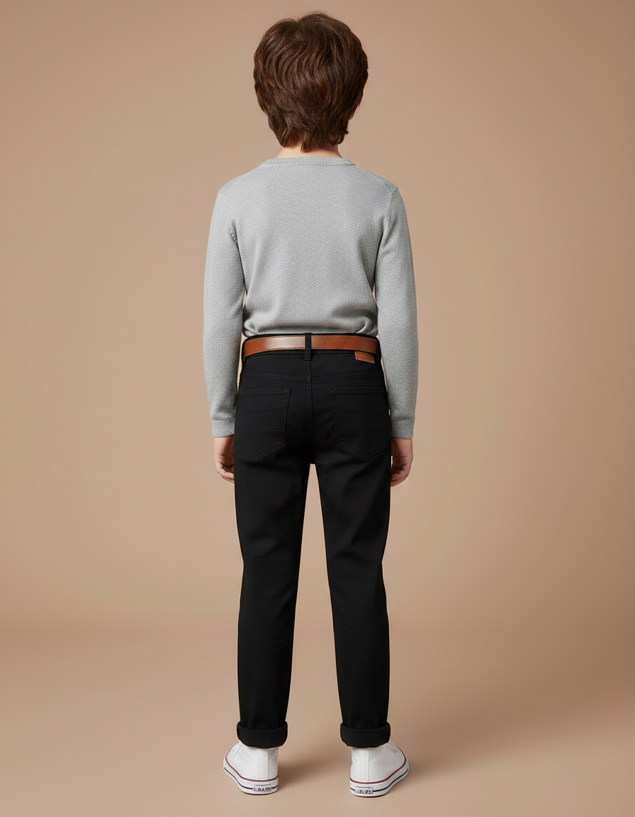 Pantalon Noir Enfant Slim Décontracté Coton Ceinturé - vue 2