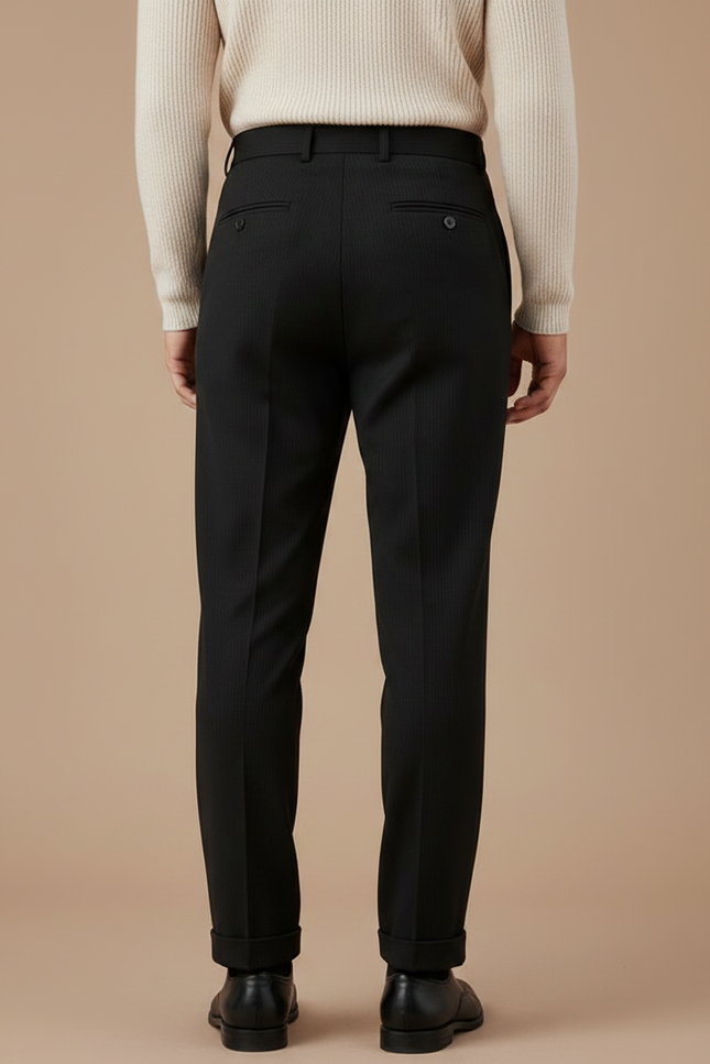 Pantalon Noir Plissé Rayé Laine Élégant Habillé - vue 2