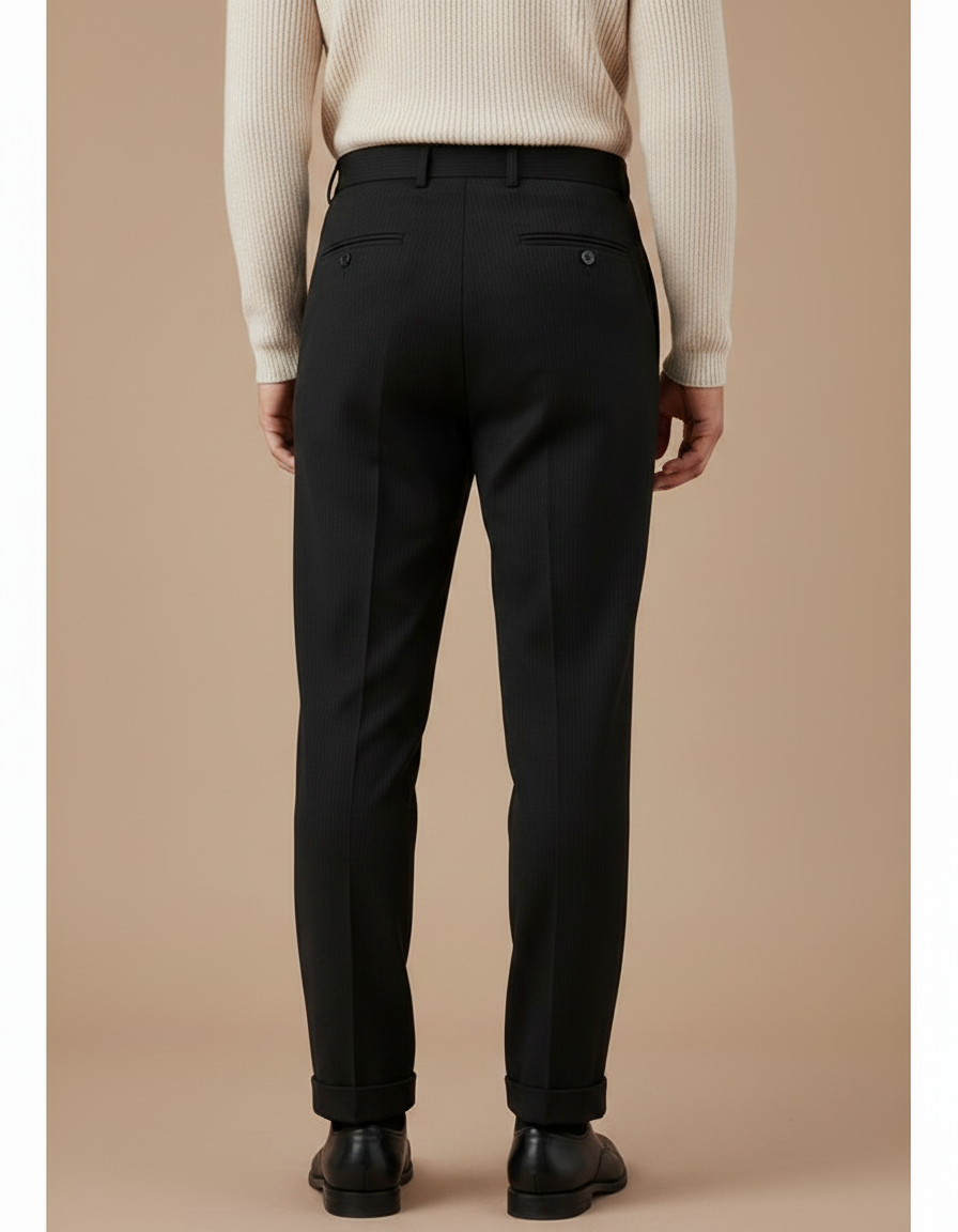 Pantalon Noir Plissé Rayé Laine Élégant Habillé - vue 2