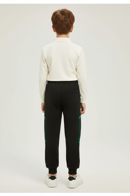 Pantalon Noir Sport Jogging Lignes Vertes Décontracté Enfant - Molleton - vue 2