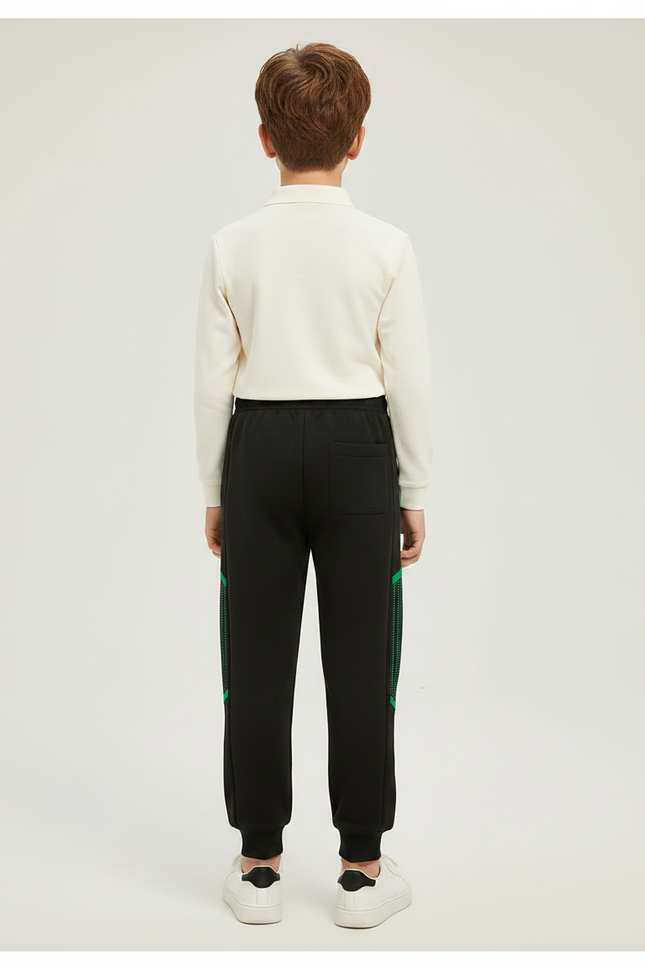 Pantalon Noir Sport Jogging Lignes Vertes Décontracté Enfant - Molleton - vue 2