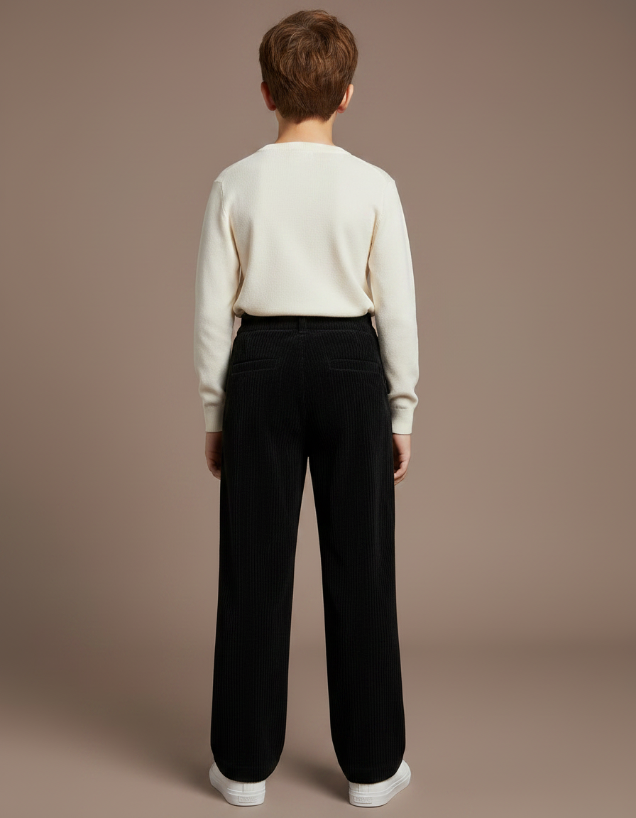 Pantalon Noir Côtelé Ample Décontracté Enfant Boutons - Cordé - vue 2