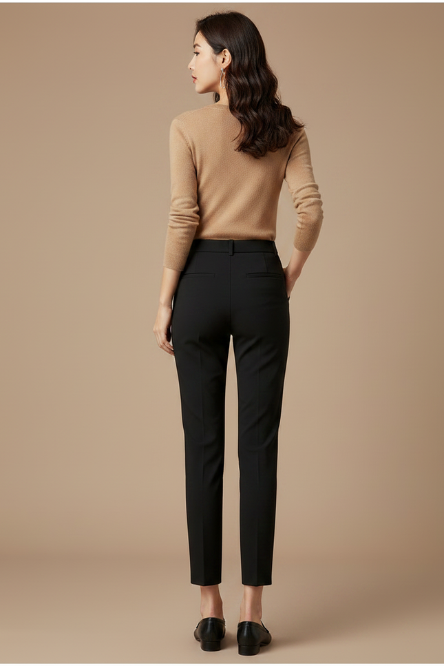 Pantalon Noir Femme Cigarette Taille Haute Décontracté - Gabardine - vue 2