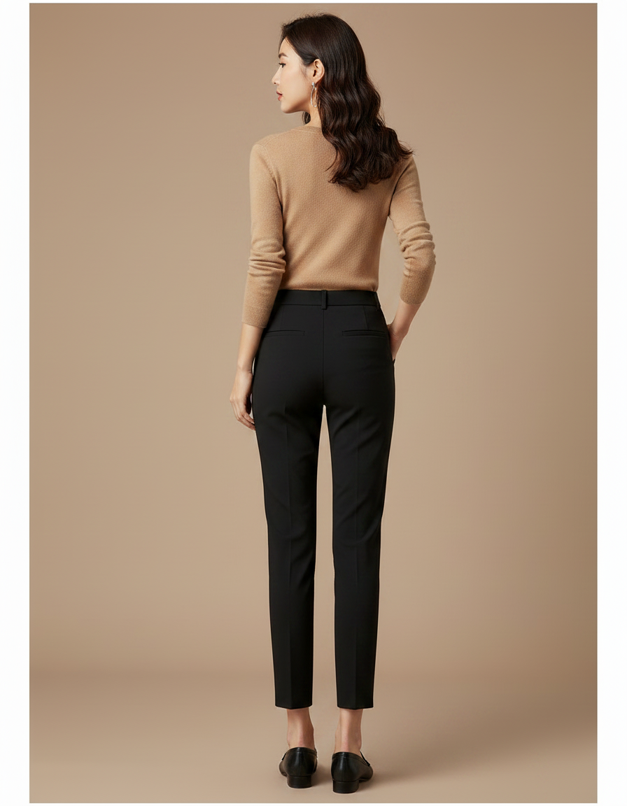 Pantalon Noir Femme Cigarette Taille Haute Décontracté - Gabardine - vue 2