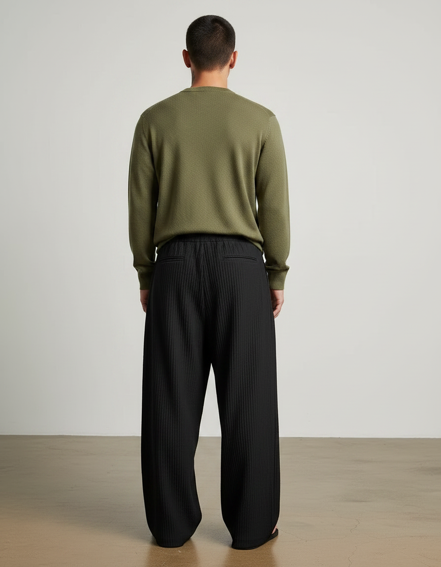 Pantalon Noir Plissé Ample Décontracté Homme Large - Polyester - vue 2