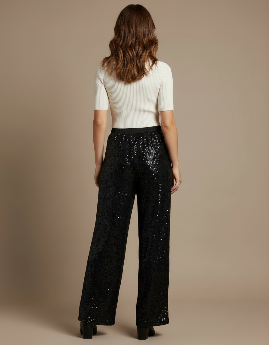 Pantalon Noir Paillettes Large Élastique Femme - Polyester - vue 2