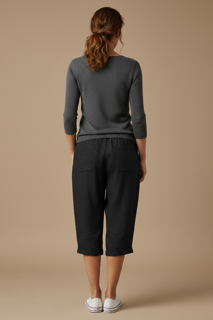 Pantalon Noir Lin Court Décontracté Cordon Femme - vue 2