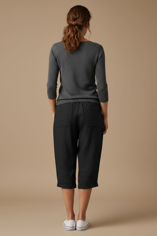 Pantalon Noir Lin Court Décontracté Cordon Femme - vue 2
