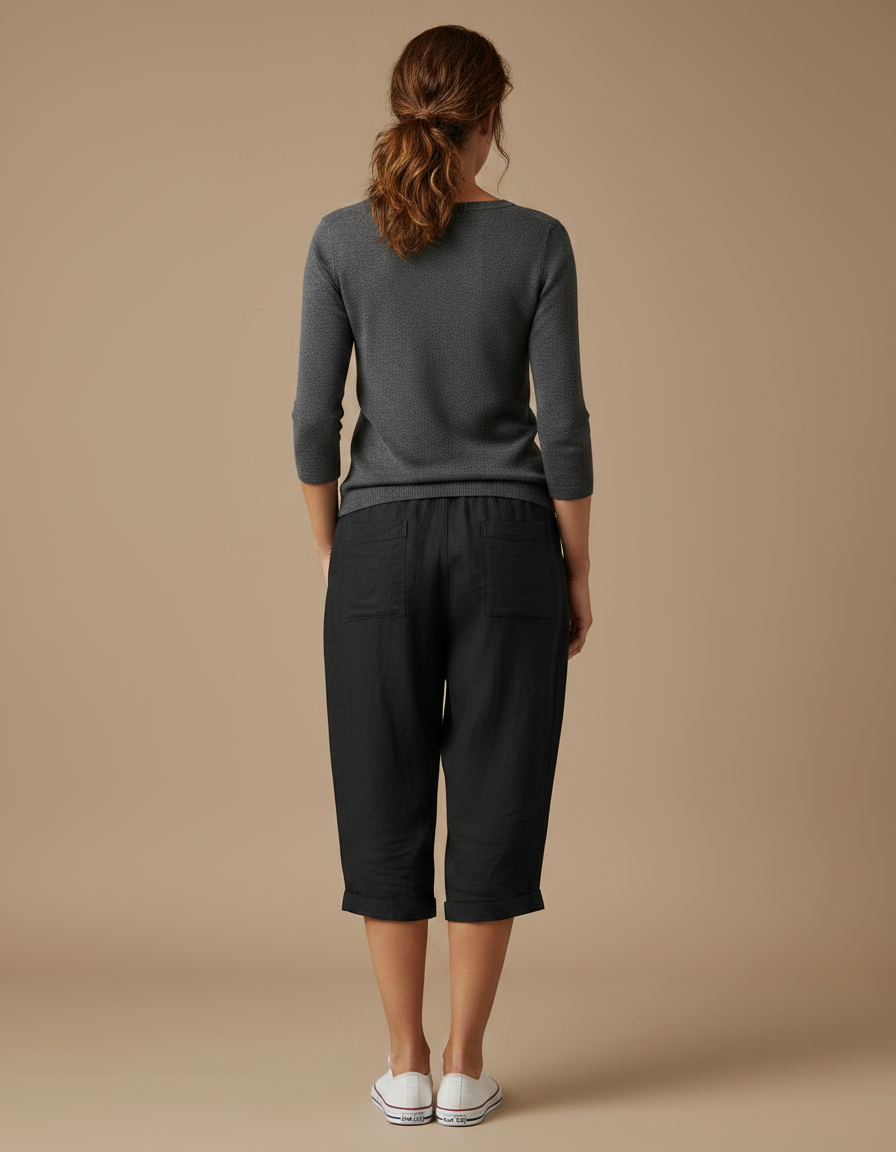 Pantalon Noir Lin Court Décontracté Cordon Femme - vue 2