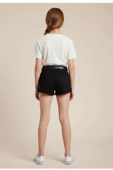 Pantalon Noir Short Denim Brodé Ceinturé Fille - Jean - vue 2