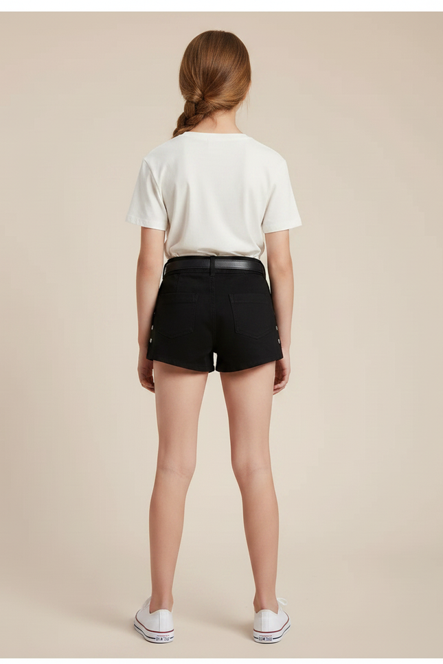Pantalon Noir Short Denim Brodé Ceinturé Fille - Jean - vue 2