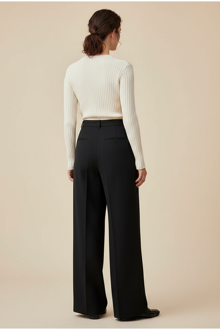 Pantalon Noir Large Taille Haute Fluide Décontracté Femme - Polyester - vue 2