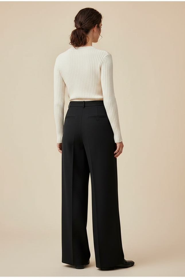 Pantalon Noir Large Taille Haute Fluide Décontracté Femme - Polyester - vue 2