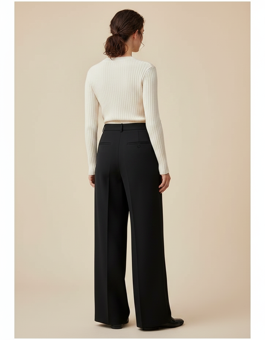 Pantalon Noir Large Taille Haute Fluide Décontracté Femme - Polyester - vue 2