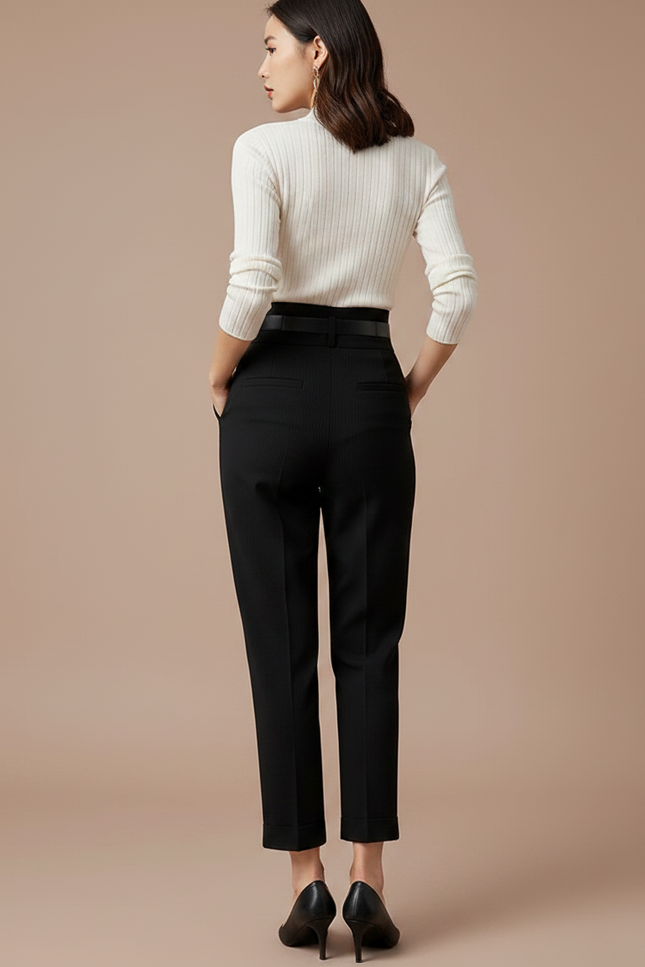 Pantalon Noir Plissé Taille Haute Élégant Femme - Gabardine - vue 2