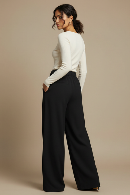 Pantalon Noir Fluide Ample Élégant Décontracté Femme - Polyester - vue 2