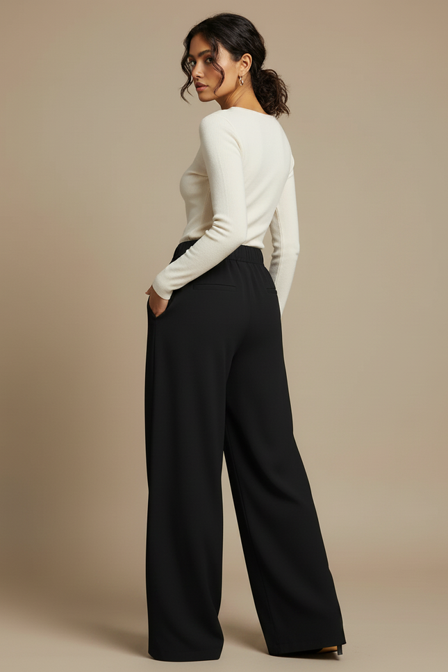 Pantalon Noir Fluide Ample Élégant Décontracté Femme - Polyester - vue 2