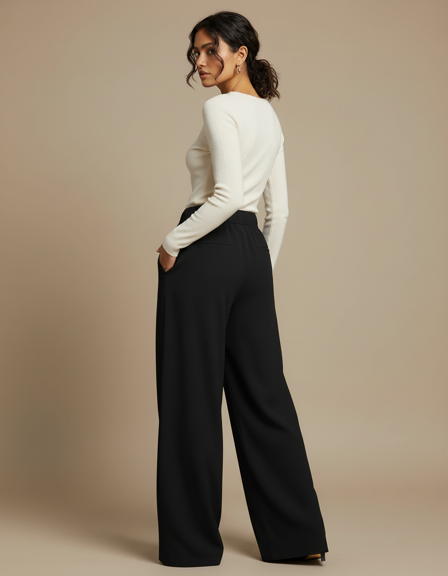 Pantalon Noir Fluide Ample Élégant Décontracté Femme - Polyester - vue 2