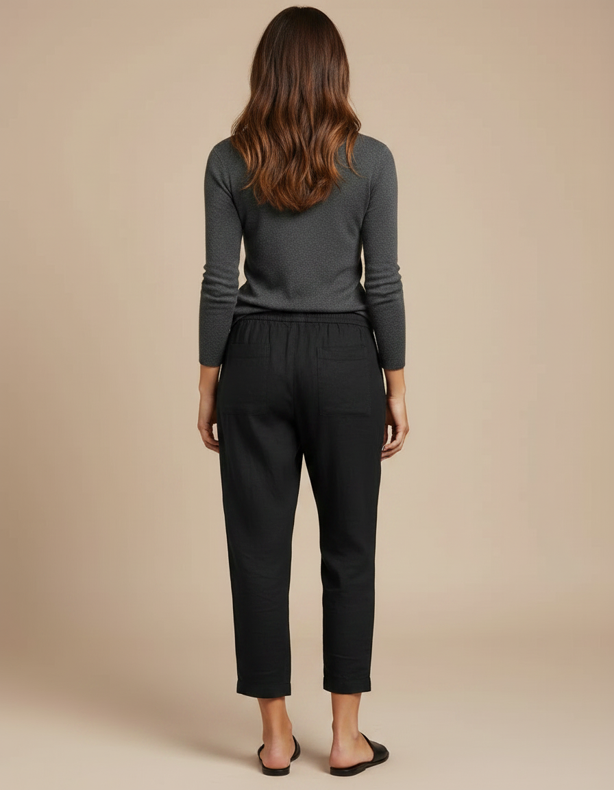 Pantalon Noir Lin Coton Ample Décontracté Femme - vue 2