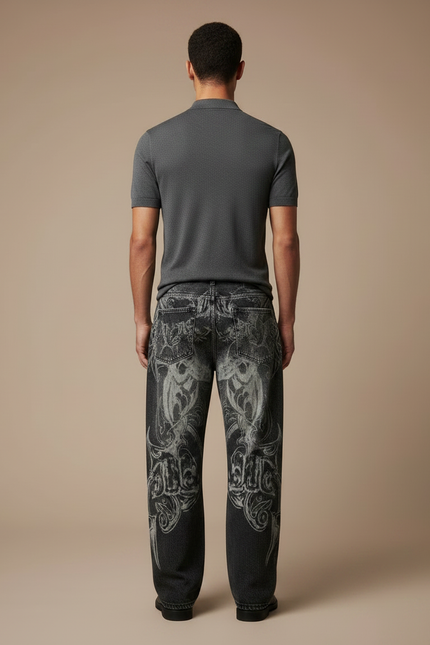 Pantalon Noir Baggy Brodé Vintage Hip Hop - Jean - vue 2