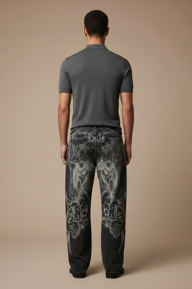 Pantalon Noir Baggy Brodé Vintage Hip Hop - Jean - vue 2