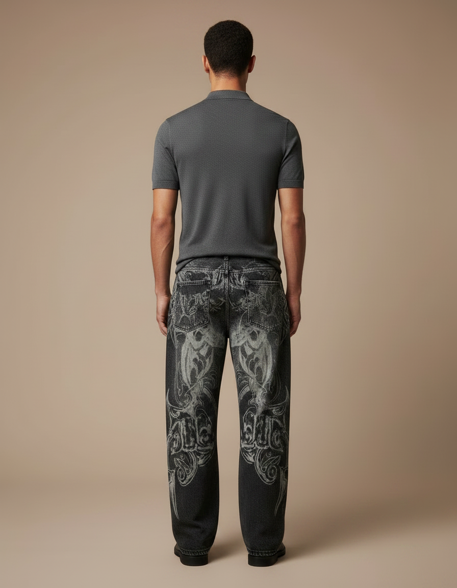 Pantalon Noir Baggy Brodé Vintage Hip Hop - Jean - vue 2