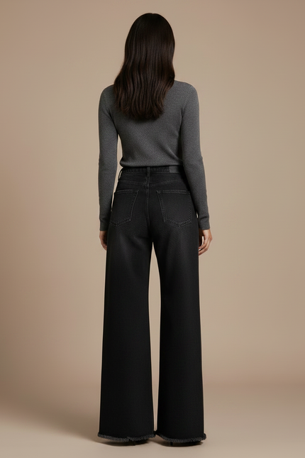 Pantalon Noir Large Décontracté Effiloché Denim Femme - Jean - vue 2