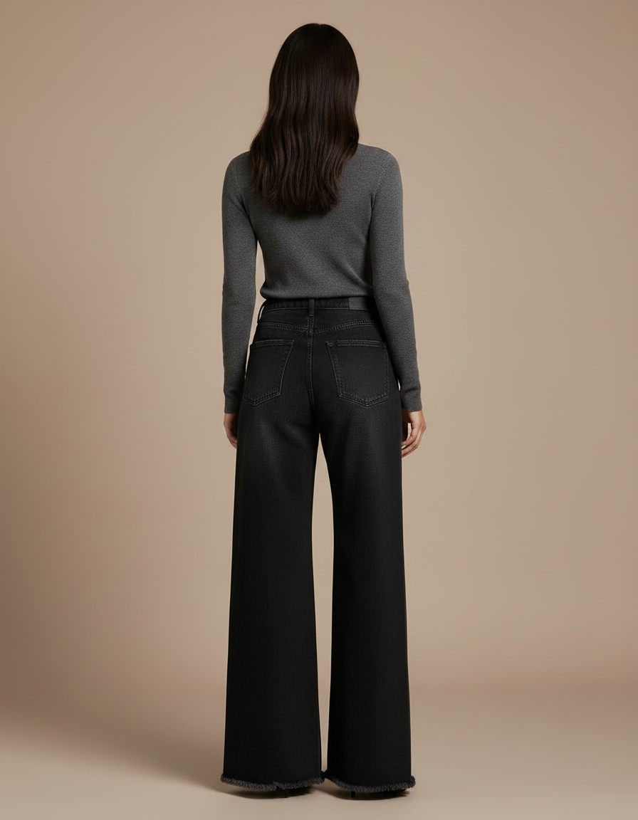 Pantalon Noir Large Décontracté Effiloché Denim Femme - Jean - vue 2